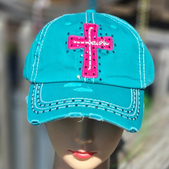 Ladies Turquoise & Pink Faith BLING Hat NEW - Picture 1 of 4